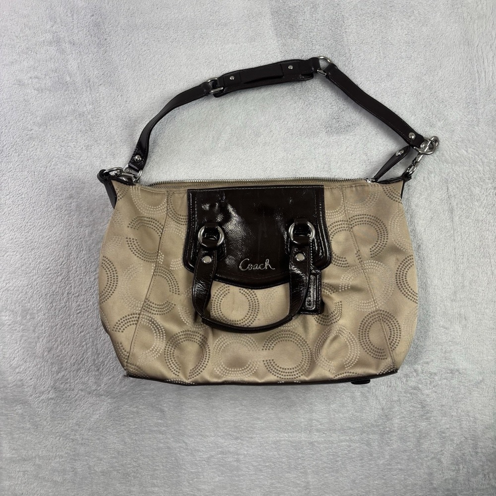Coach Ashley F20027 Dotted Op Art Cream Brown Shoulder Bag Satchel Purse Handbag